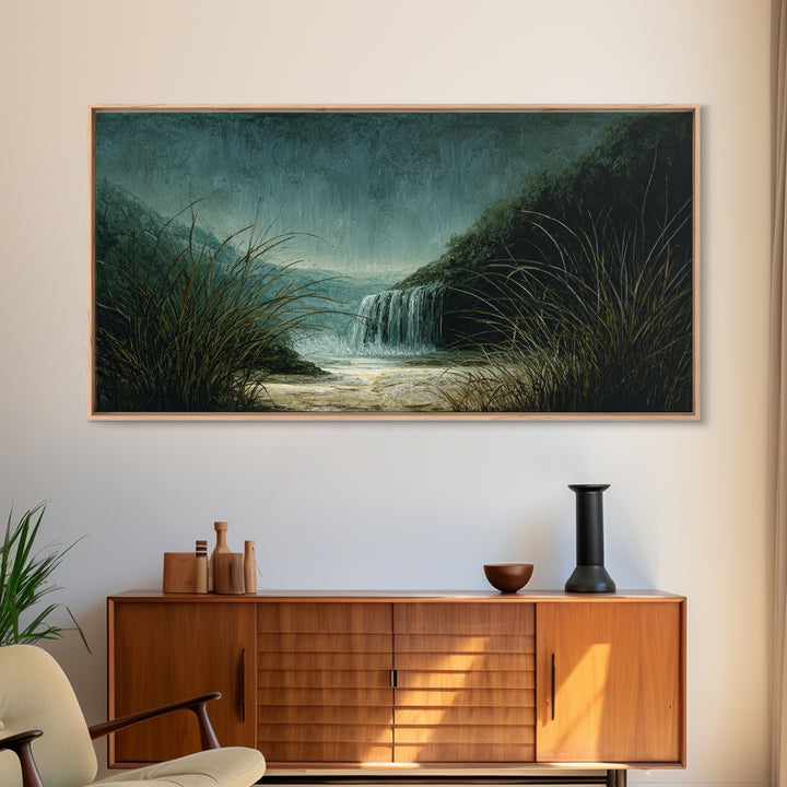 Waterfall Hidden Among Dark Green Rocks Canvas Print, Nature Art, Landscape Art, Living Room Decor, Abstract Art, Nature, NAT-2x1-71