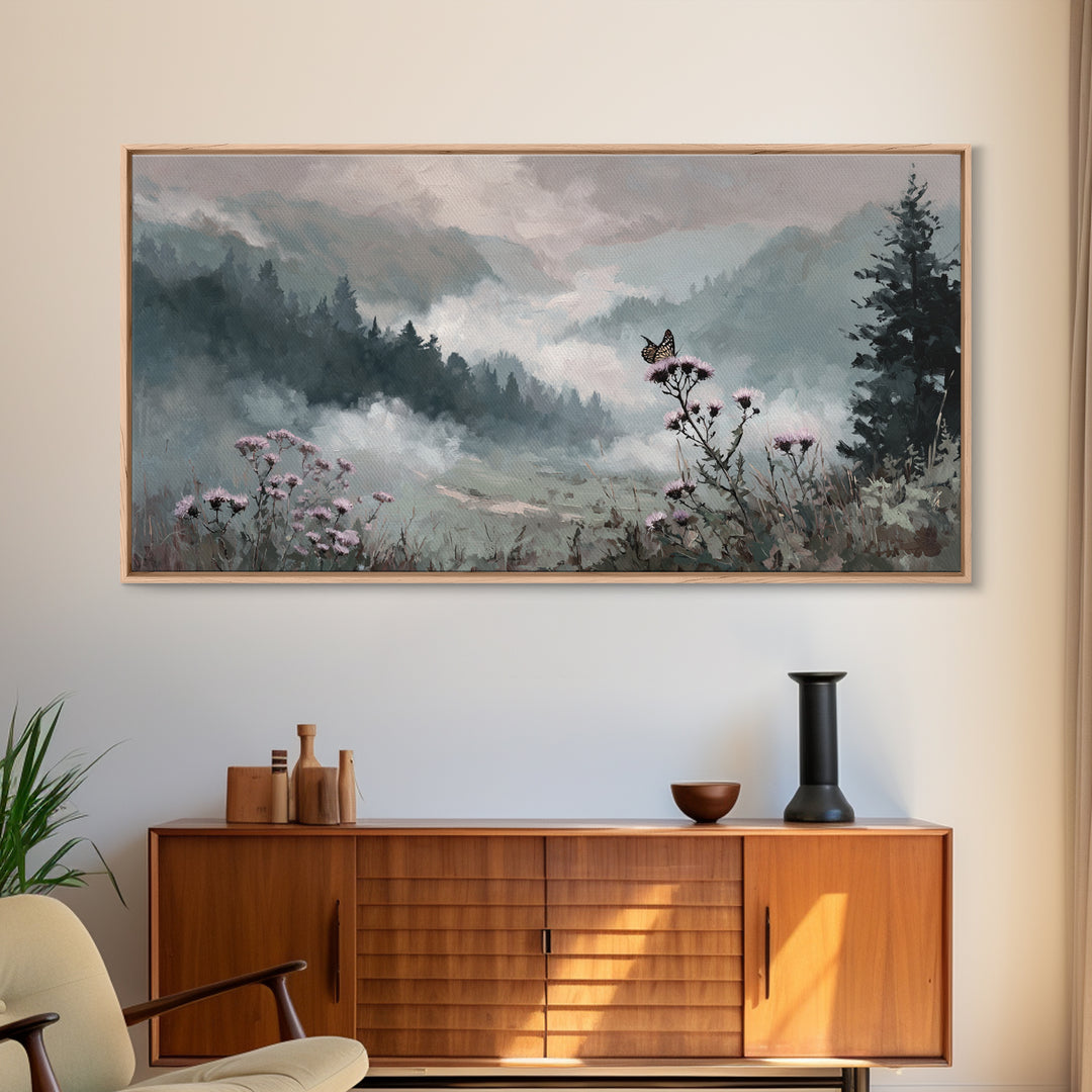 Butterfly Resting on a Blooming Thistle Framed Canvas Print, Nature Art, Original Painting, Living Room Decor, Fine Art, Nature, NAT-2x1-72