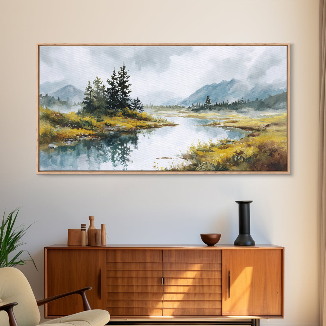 Misty Mountain Lake Canvas Print, Nature Art, Printable Wall Art, Living Room Decor, Fine Art, Nature, Living Room Wall Art, NAT-2x1-73