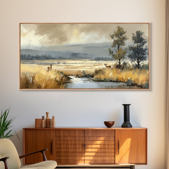 Deer Standing in a Golden Field Canvas Print, Nature Art, 3d Wall Art, Living Room Decor, Fine Art, Nature, Nature Wall Art, NAT-2x1-76