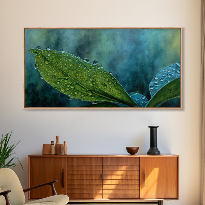 Rain Drops on a Large Green Leaf Canvas Print, Nature Art, Wall Hangings, Living Room Decor, Watercolor Art, Nature, NAT-2x1-77