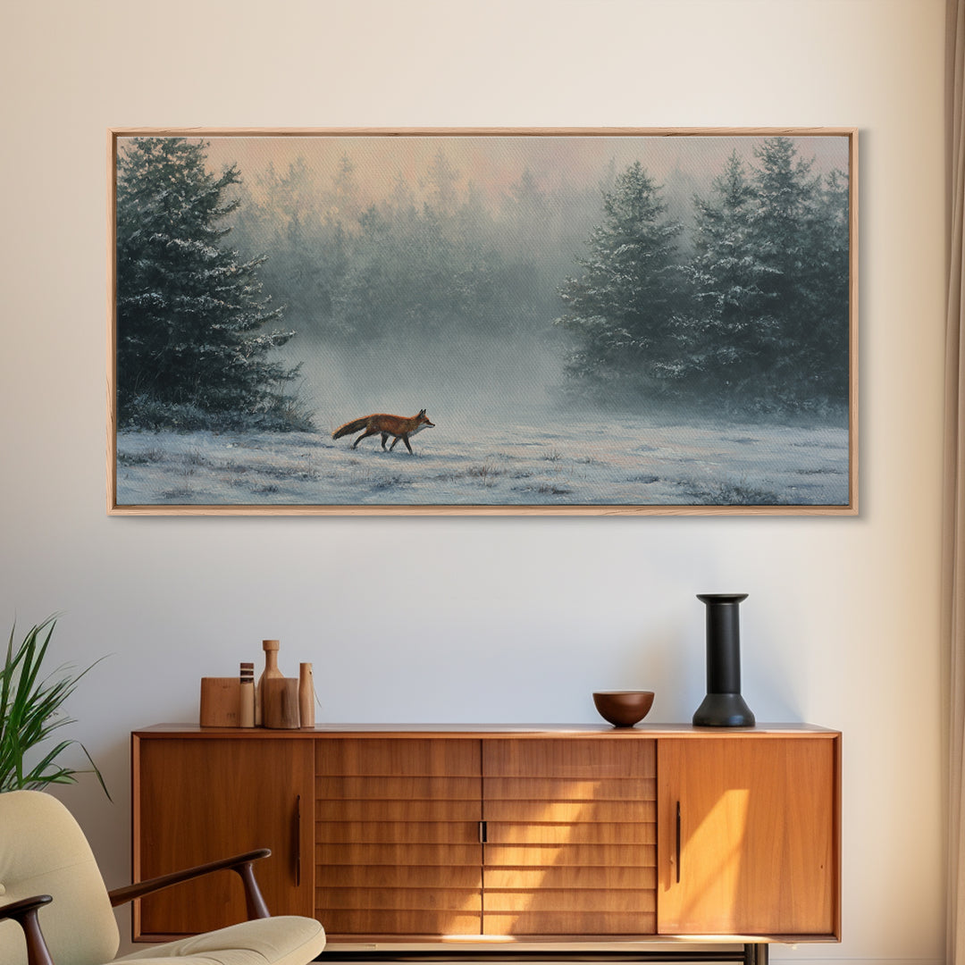Fox Crossing a Snowy Forest Clearing Canvas Print, Nature Art, Contemporary Art, Living Room Decor, Fine Art, Nature, NAT-2x1-78