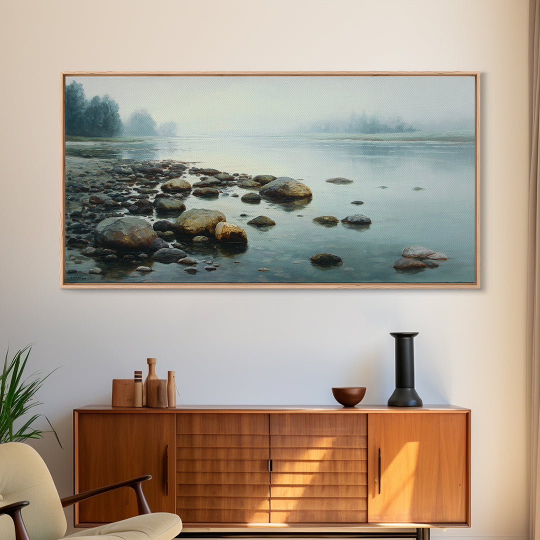 River Stones under Clear Shallow Water Framed Canvas Print, Nature Art, Living Room Decor, Watercolor Art, Nature, NAT-2x1-81