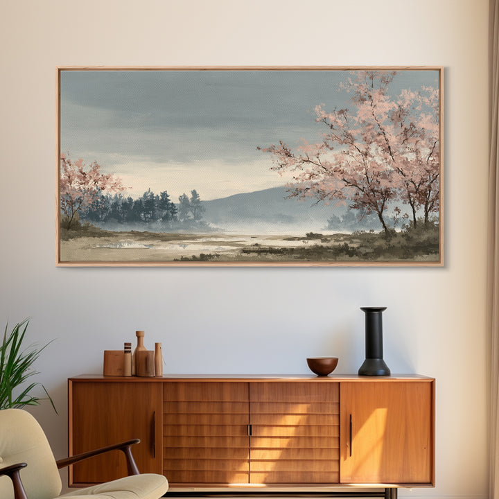 Spring Cherry Blossoms Framed Canvas Print, Nature Art, Modern Wall Art, Living Room Decor, Fine Art, Nature, Mountain Art, NAT-2x1-84