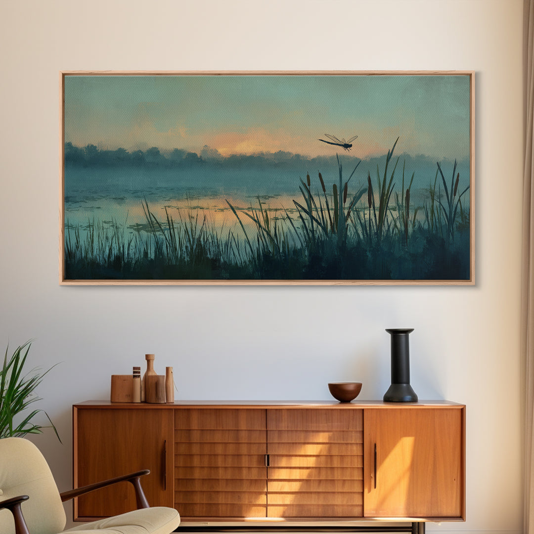 Dragonfly over a Pond with Reeds Framed Canvas Print, Nature Art, Home Decor, Living Room Decor, Nature, Abstract Wall Art, NAT-2x1-86