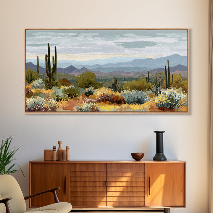 Desert Cactus Blooming After Rain Framed Canvas Print, Nature Art, Wood Wall Art, Living Room Decor, Fine Art, Nature, NAT-2x1-88