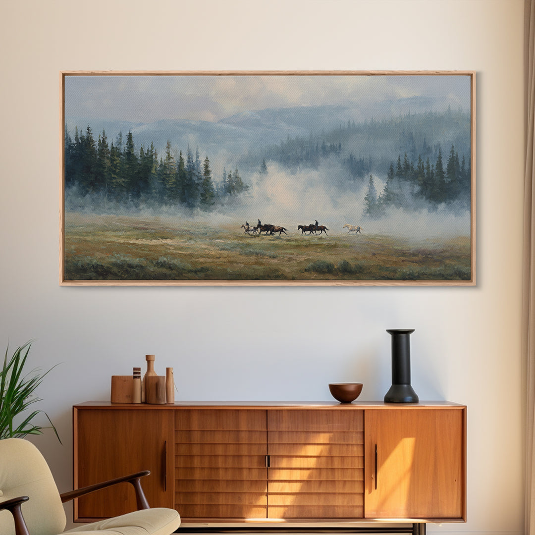 Wild Horses Running Near Mountain Ridge Framed Canvas Print, Nature Art, Poster, Living Room Decor, Fine Art, Nature, NAT-2x1-90