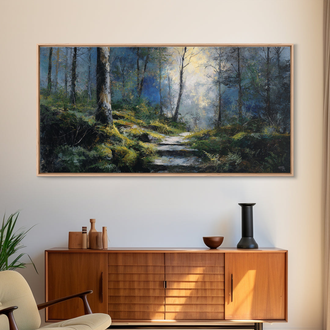 Sunlit Forest Path Canvas Print, Nature Art, Framed Art, Living Room Decor, Nature, Botanical Art, Digital Download Art, NAT-2x1-93