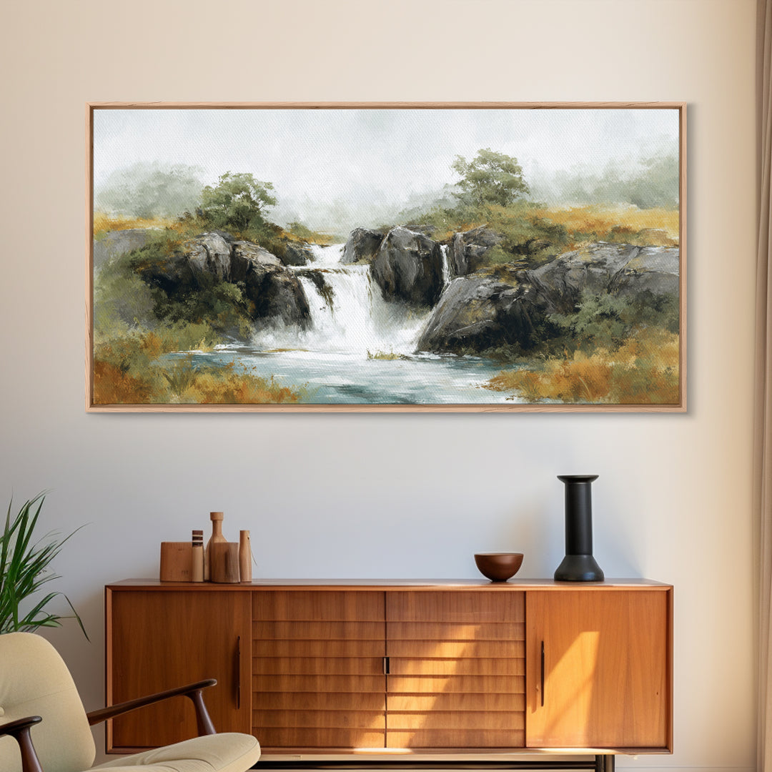 Waterfall Hidden Among Dark Green Rocks Framed Canvas Print, Nature Art, Landscape Print, Living Room Decor, Fine Art, Nature, NAT-2x1-95