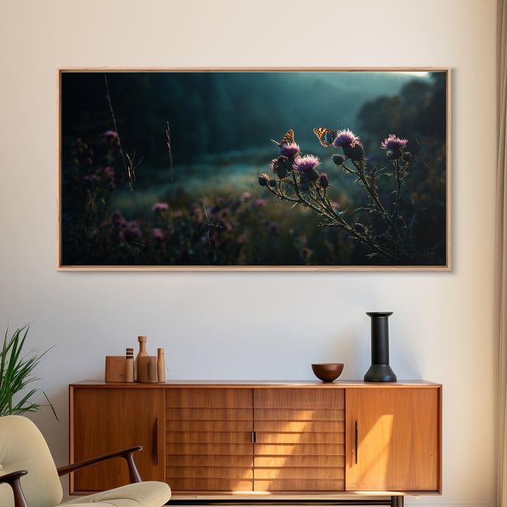 Butterfly Resting on a Blooming Thistle Framed Canvas Print, Nature Art, Stained Glass Art, Living Room Decor, Oil Painting, NAT-2x1-96