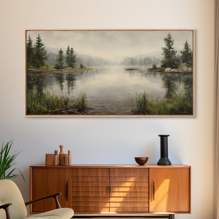 Misty Mountain Lake Framed Canvas Print, Nature Art, Wood Wall Art, Living Room Decor, Fine Art, Nature, Digital Download Art, NAT-2x1-97