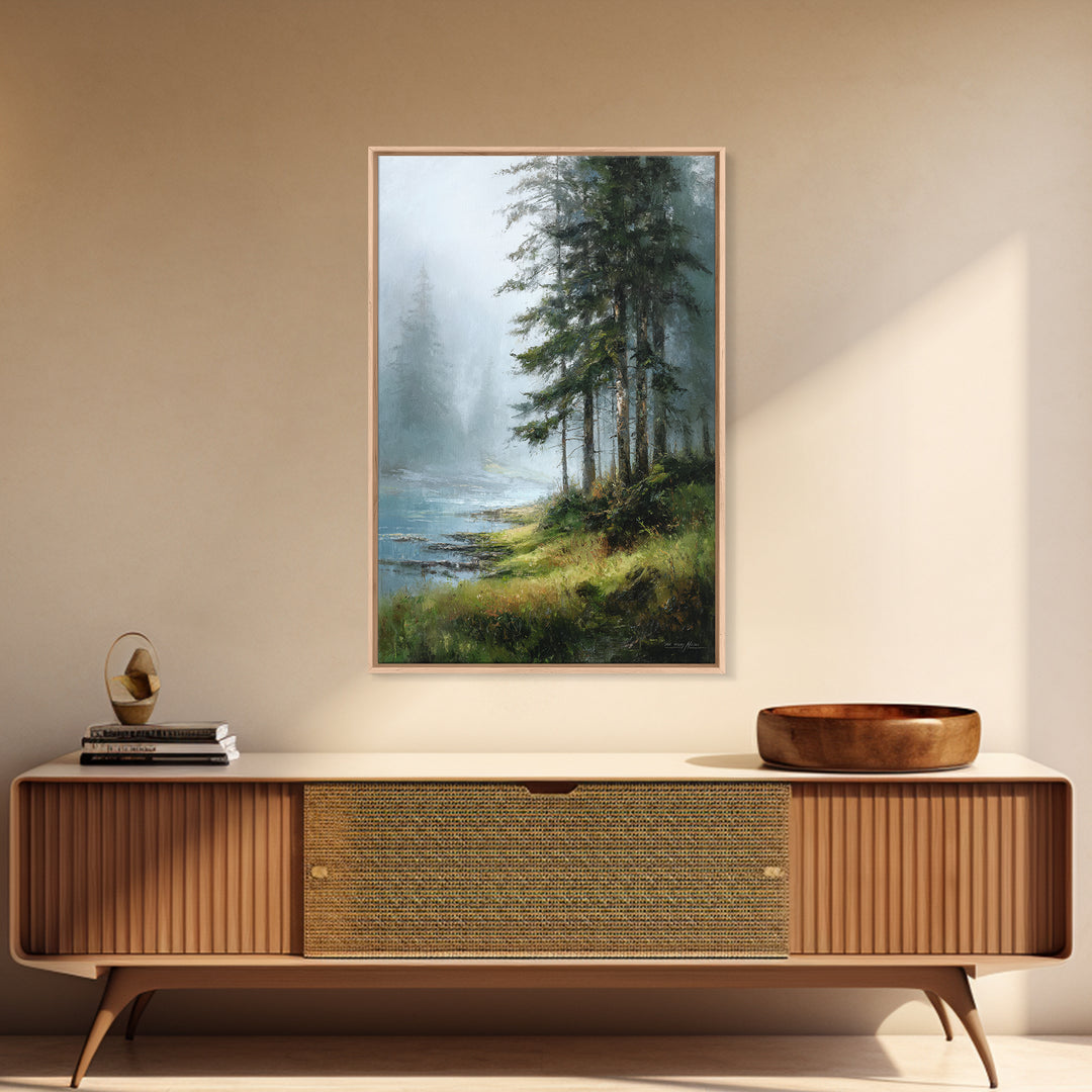 Moody Pine Forest Framed Canvas Print, Nature Art, Wall Art, Living Room Decor, Oil Painting, Nature, Wood Wall Art, NAT-2x3-1