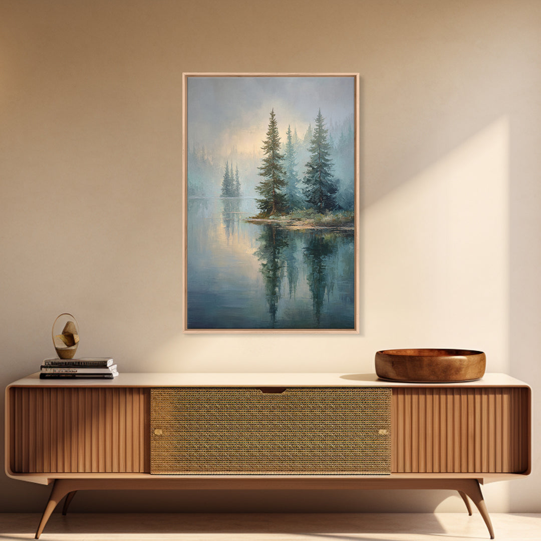 Misty Mountain Lake Framed Canvas Print, Nature Art, Art, Living Room Decor, Watercolor Art, Nature, 3d Wall Art, NAT-2x3-13
