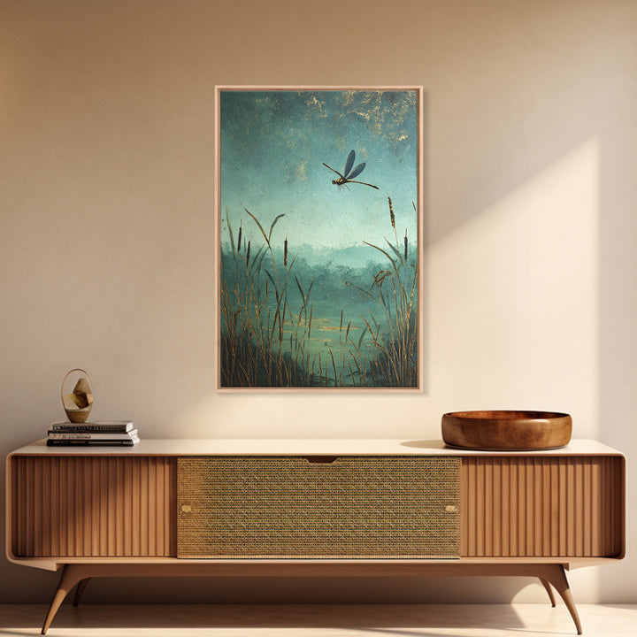 Dragonfly over a Pond with Reeds Framed Canvas Print, Nature Art, Boho Decor, Living Room Decor, Abstract Art, Nature, NAT-2x3-2