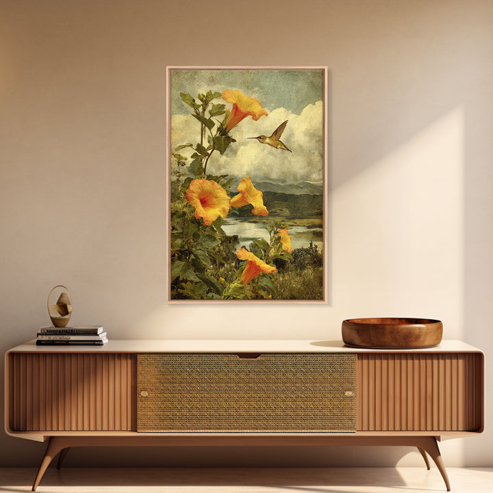 Hummingbird Beside Bright Trumpet Flowers Framed Canvas Print, Nature Art, Mushroom, Living Room Decor, Watercolor Art, Nature, NAT-2x3-20