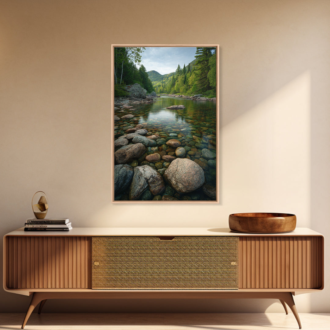 River Stones under Clear Shallow Water Framed Canvas Print, Nature Art, Living Room Decor, Oil Painting, Nature, NAT-2x3-21