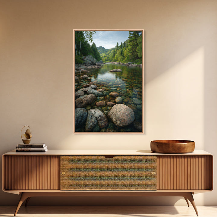 River Stones under Clear Shallow Water Framed Canvas Print, Nature Art, Living Room Decor, Oil Painting, Nature, NAT-2x3-21
