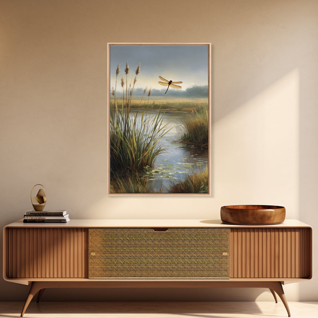 Dragonfly over a Pond with Reeds Framed Canvas Print, Nature Art, Boho Decor, Living Room Decor, Abstract Art, Nature, NAT-2x3-26