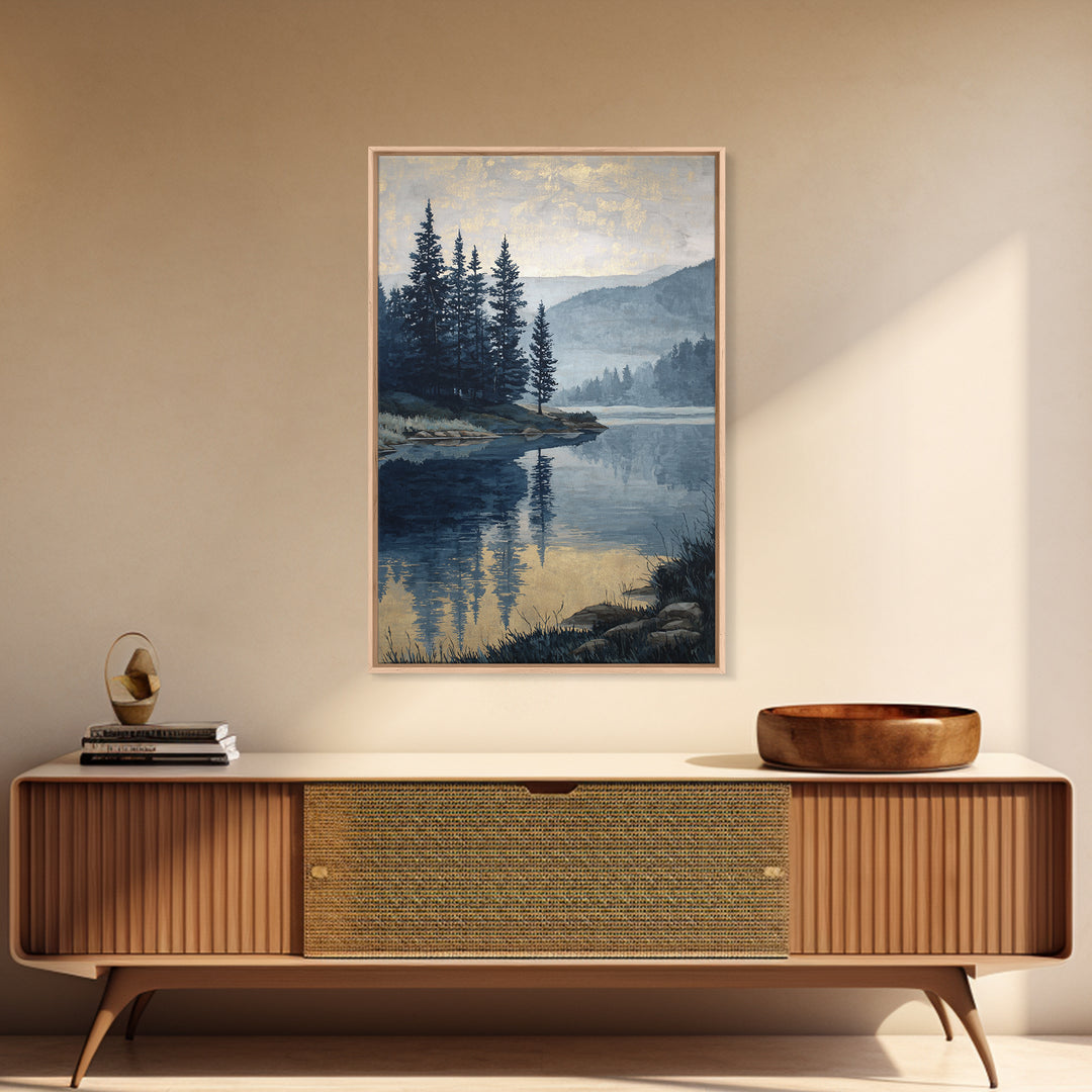 Misty Mountain Lake Framed Canvas Print, Nature Art, Art, Living Room Decor, Watercolor Art, Nature, 3d Wall Art, NAT-2x3-37