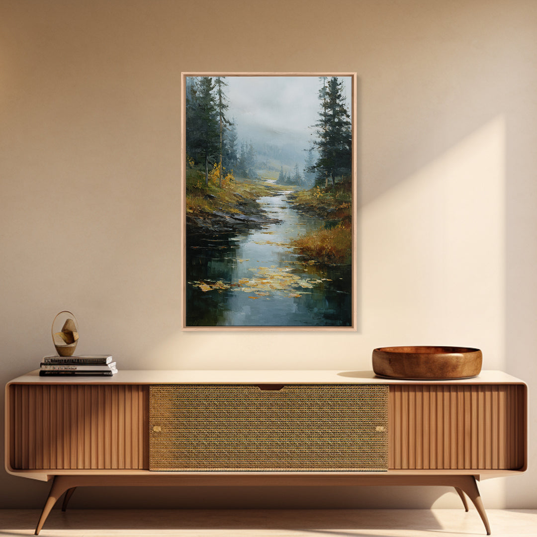 Autumn Leaves Floating on Quiet Stream Framed Canvas Print, Nature Art, Wall Art, Living Room Decor, Fine Art, Nature, NAT-2x3-38