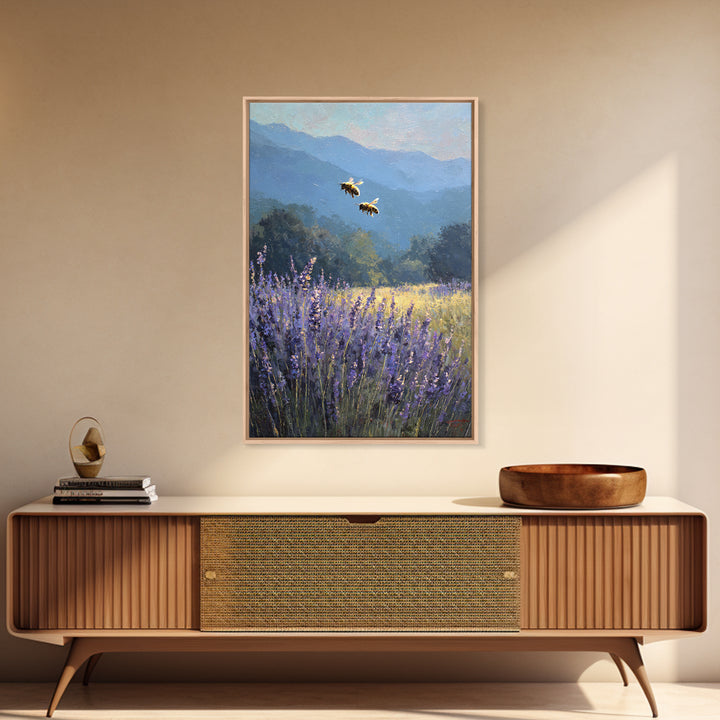 Bees Circling Lavender Blossoms Framed Canvas Print, Nature Art, Textured Painting, Living Room Decor, Fine Art, Nature, NAT-2x3-55
