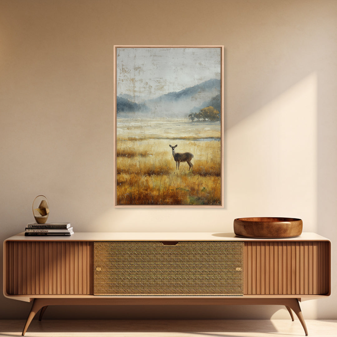 Deer Standing in a Golden Field Framed Canvas Print, Nature Art, Room Decor, Living Room Decor, Fine Art, Nature, Wall Hangings, NAT-2x3-64