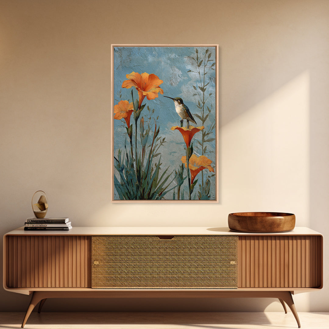 Hummingbird Beside Bright Trumpet Flowers Framed Canvas Print, Nature Art, Wall Hangings, Living Room Decor, Oil Painting, NAT-2x3-68