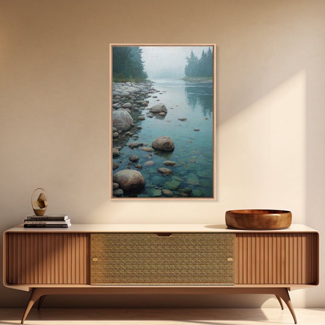 River Stones under Clear Shallow Water Framed Canvas Print, Nature Art, Artwork, Living Room Decor, Fine Art, Nature, NAT-2x3-69