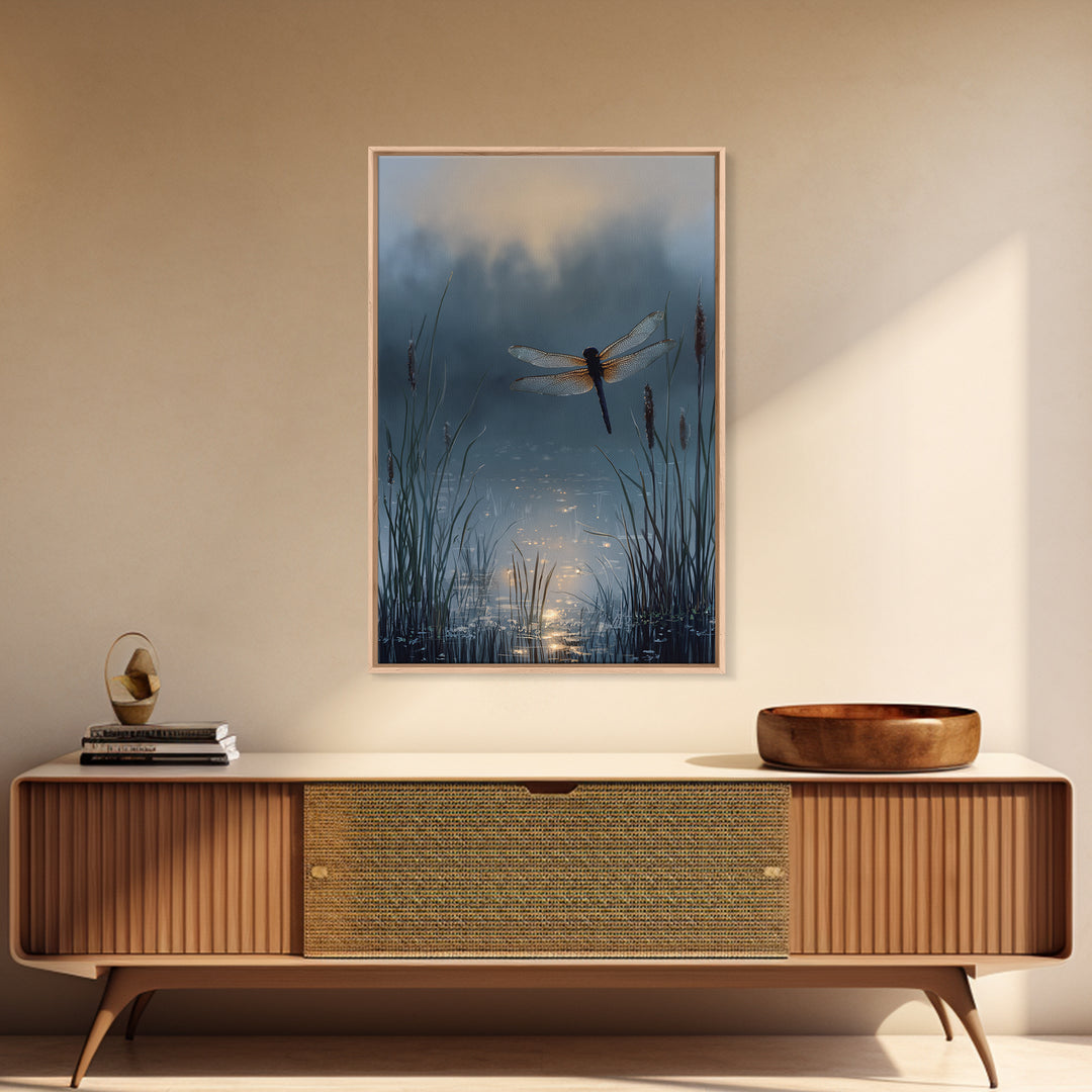 Dragonfly over a Pond with Reeds Framed Canvas Print, Nature Art, Art, Living Room Decor, Watercolor Art, Nature, 3d Wall Art, NAT-2x3-74