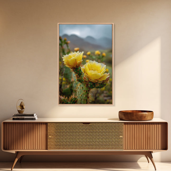 Desert Cactus Blooming After Rain Framed Canvas Print, Nature Art, 3d Wall Art, Living Room Decor, Watercolor Art, Nature, NAT-2x3-76