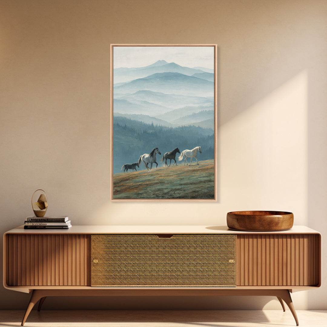 Wild Horses Running Near Mountain Ridge Framed Canvas Print, Nature Art, Wall Decor, Living Room Decor, Fine Art, Nature, NAT-2x3-78