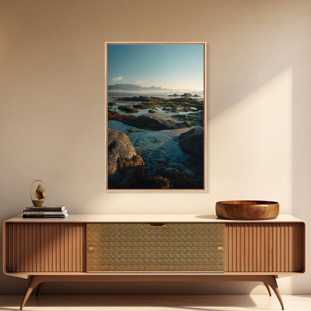 Calm Beach Tide Pooling Around Rocks Framed Canvas Print, Nature Art, Stained Glass Art, Living Room Decor, Oil Painting, NAT-2x3-8