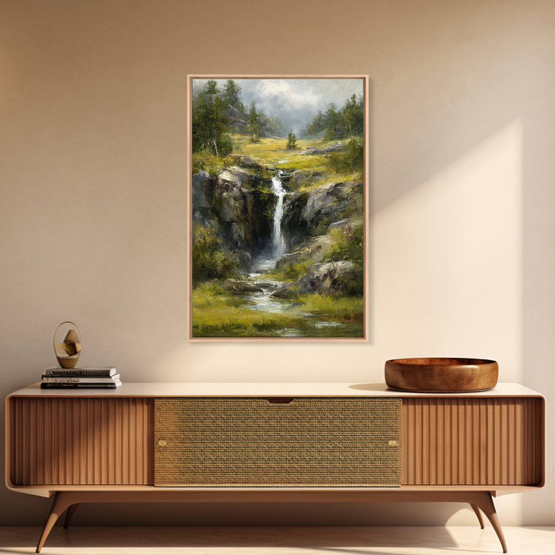 Waterfall Hidden Among Dark Green Rocks Framed Canvas Print, Nature Art, Abstract Wall Art, Living Room Decor, Abstract Art, NAT-2x3-83
