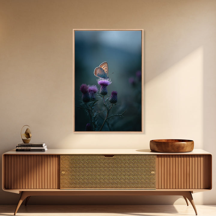 Butterfly Resting on a Blooming Thistle Framed Canvas Print, Nature Art, Landscape Art, Living Room Decor, Fine Art, Nature, NAT-2x3-84