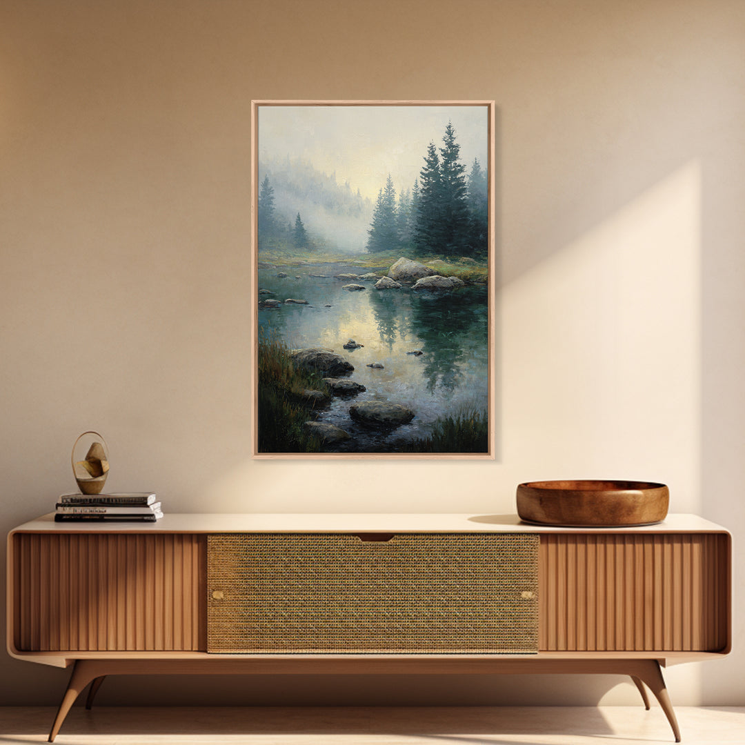 Misty Mountain Lake Framed Canvas Print, Nature Art, Abstract Wall Art, Living Room Decor, Oil Painting, Nature, Bird Wall Art, NAT-2x3-85