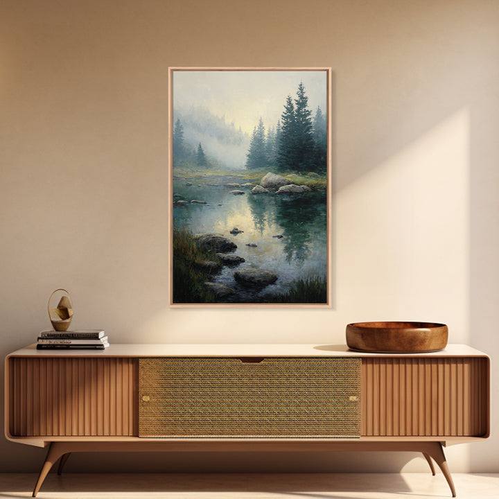 Misty Mountain Lake Framed Canvas Print, Nature Art, Abstract Wall Art, Living Room Decor, Oil Painting, Nature, Bird Wall Art, NAT-2x3-85