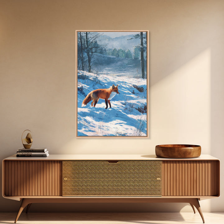 Fox Crossing a Snowy Forest Clearing Framed Canvas Print, Nature Art, Living Room Decor, Oil Painting, Nature, NAT-2x3-90