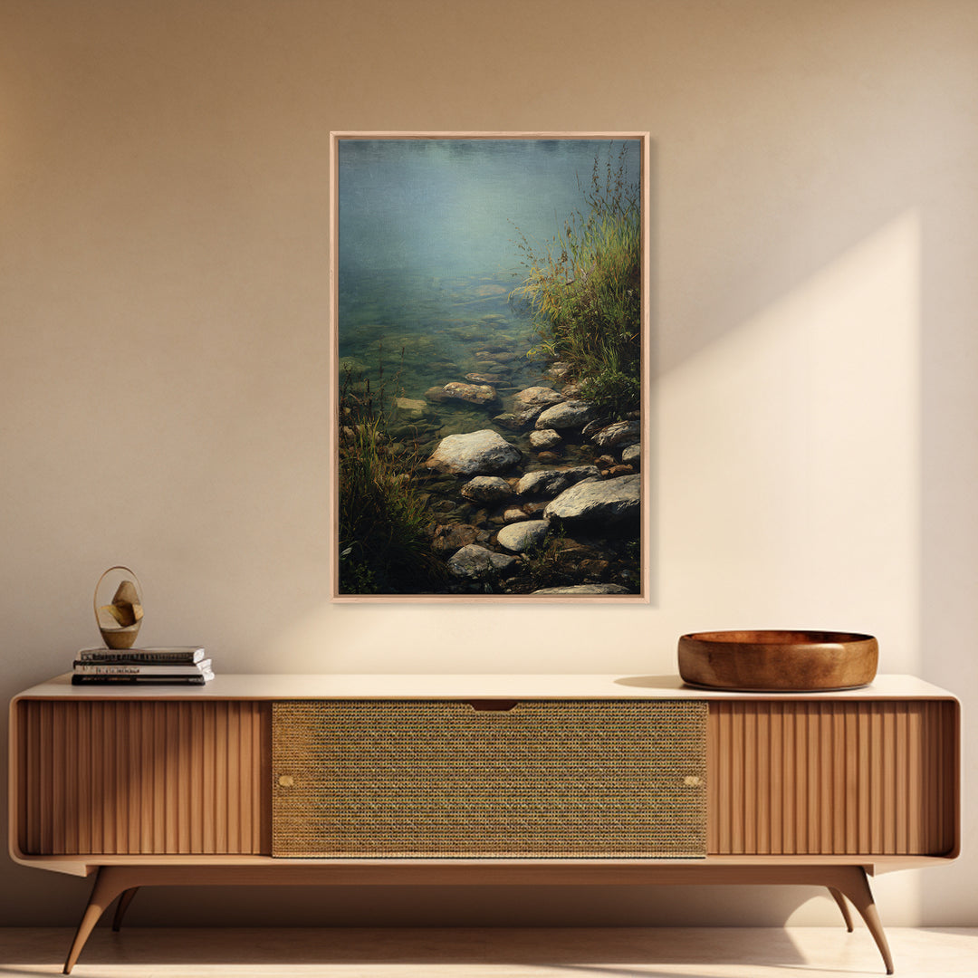 River Stones under Clear Shallow Water Framed Canvas Print, Nature Art, Artwork, Living Room Decor, Fine Art, Nature, NAT-2x3-93