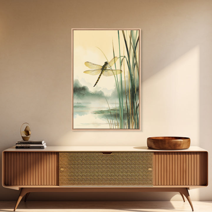Dragonfly over a Pond with Reeds Framed Canvas Print, Nature Art, Art, Living Room Decor, Watercolor Art, Nature, 3d Wall Art, NAT-2x3-98