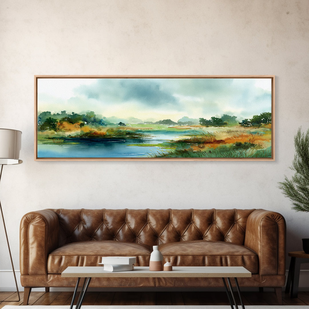 Dragonfly over a Pond with Reeds Framed Canvas Print, Nature Art, Home Decor, Living Room Decor, Nature, Abstract Wall Art, NAT-3x1-10