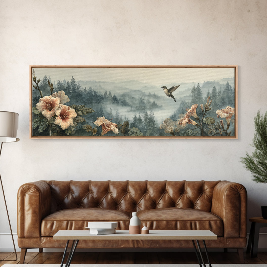 Hummingbird Beside Bright Trumpet Flowers Canvas Print, Nature Art, Modern Decor, Living Room Decor, Fine Art, Nature, NAT-3x1-100