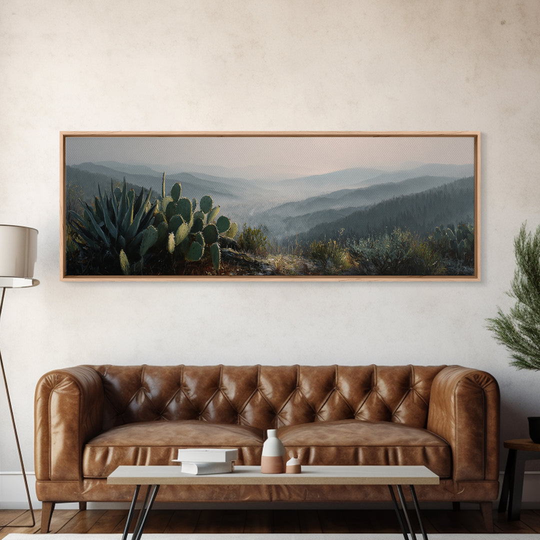 Desert Cactus Blooming After Rain Framed Canvas Print, Nature Art, Botanical Art, Living Room Decor, Watercolor Art, Nature, NAT-3x1-12