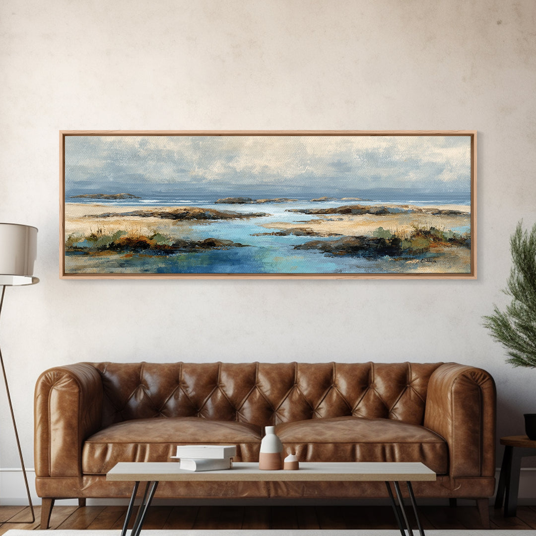 Calm Beach Tide Pooling Around Rocks Canvas Print, Nature Art, Living Room Wall Art, Living Room Decor, Fine Art, Nature, NAT-3x1-16