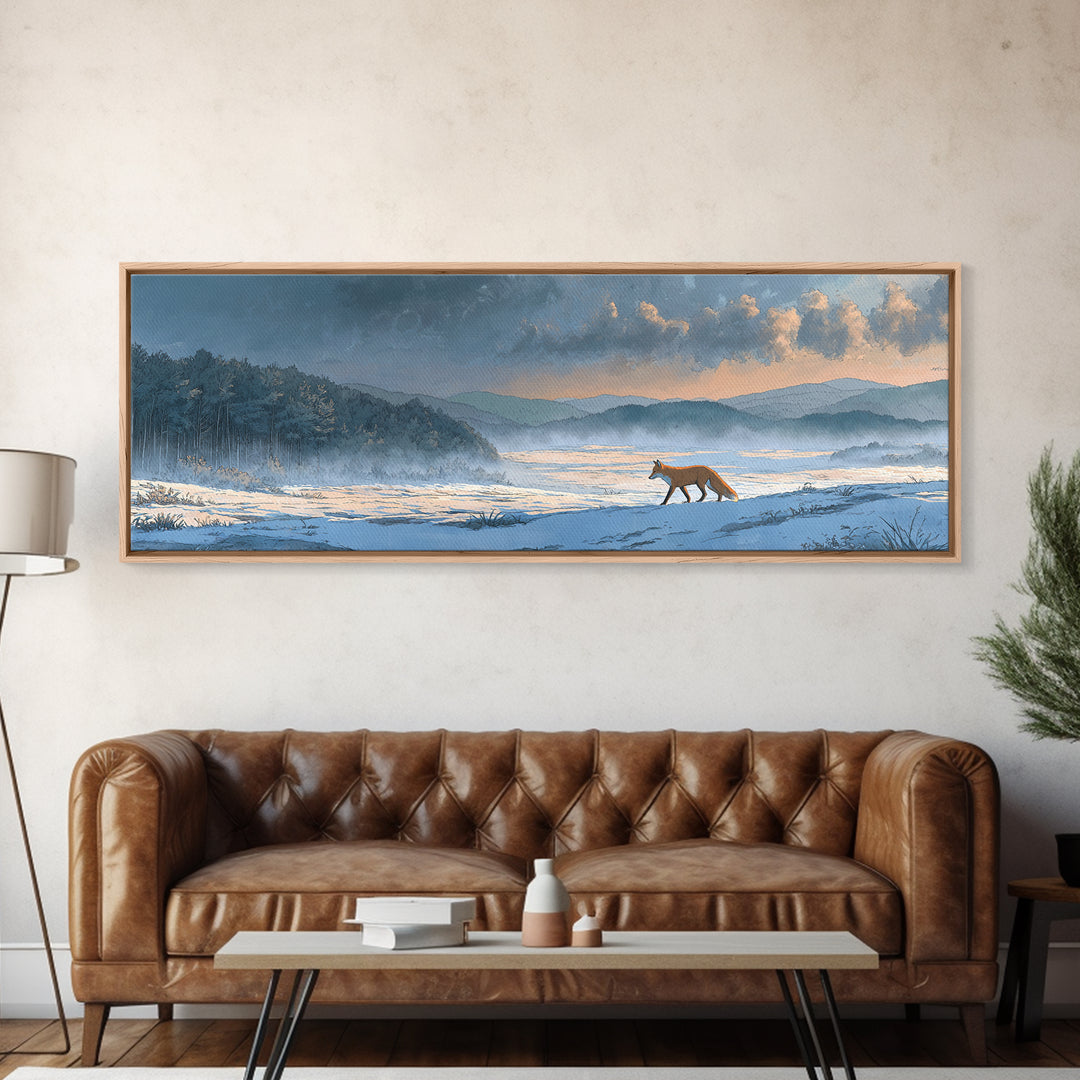 Fox Crossing a Snowy Forest Clearing Framed Canvas Print, Nature Art, Painting, Living Room Decor, Nature, Modern Wall Art, NAT-3x1-2