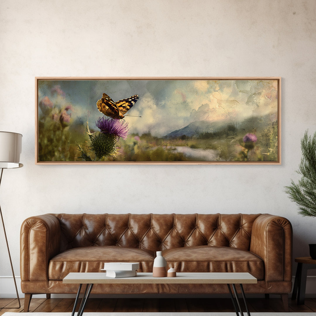 Butterfly Resting on a Blooming Thistle Canvas Print, Nature Art, Ocean Art, Living Room Decor, Fine Art, Nature, Art Print, NAT-3x1-20