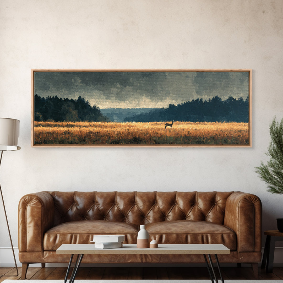 Deer Standing in a Golden Field Canvas Print, Nature Art, Bird Wall Art, Living Room Decor, Fine Art, Nature, Textured Painting, NAT-3x1-24