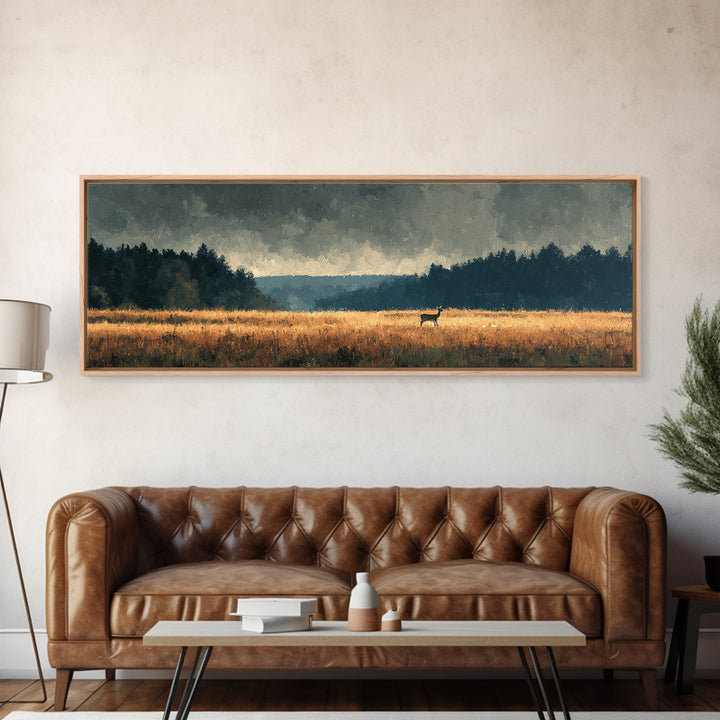 Deer Standing in a Golden Field Canvas Print, Nature Art, Bird Wall Art, Living Room Decor, Fine Art, Nature, Textured Painting, NAT-3x1-24