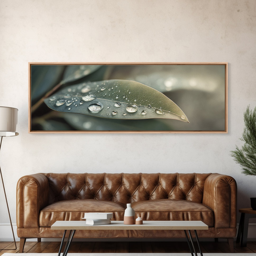 Rain Drops on a Large Green Leaf Canvas Print, Nature Art, Living Room Wall Art, Living Room Decor, Fine Art, Nature, NAT-3x1-25
