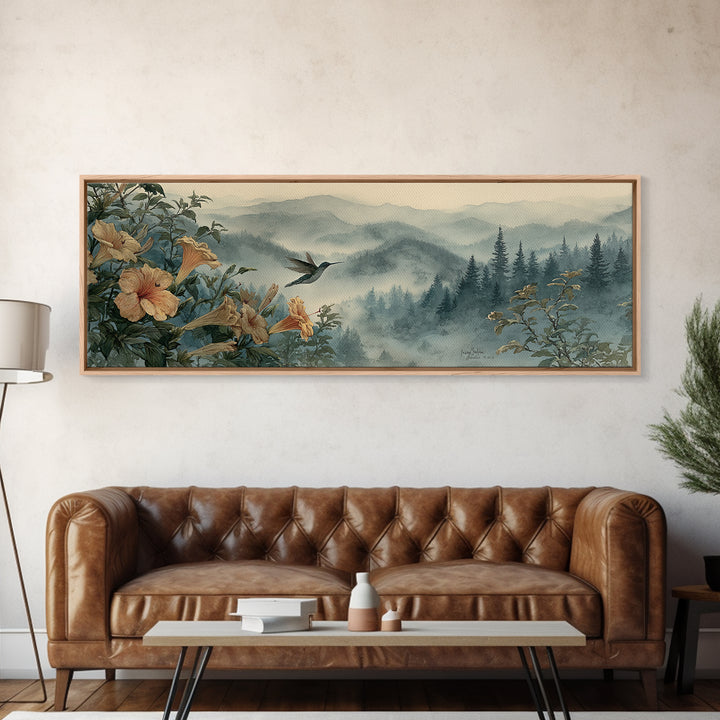 Hummingbird Beside Bright Trumpet Flowers Framed Canvas Print, Nature Art, Nature Wall Art, Living Room Decor, Watercolor Art, NAT-3x1-28