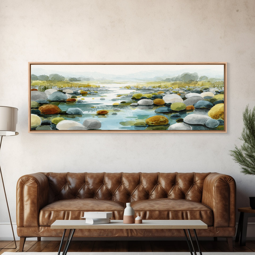 River Stones under Clear Shallow Water Canvas Print, Nature Art, Abstract Wall Art, Living Room Decor, Oil Painting, Nature, NAT-3x1-29